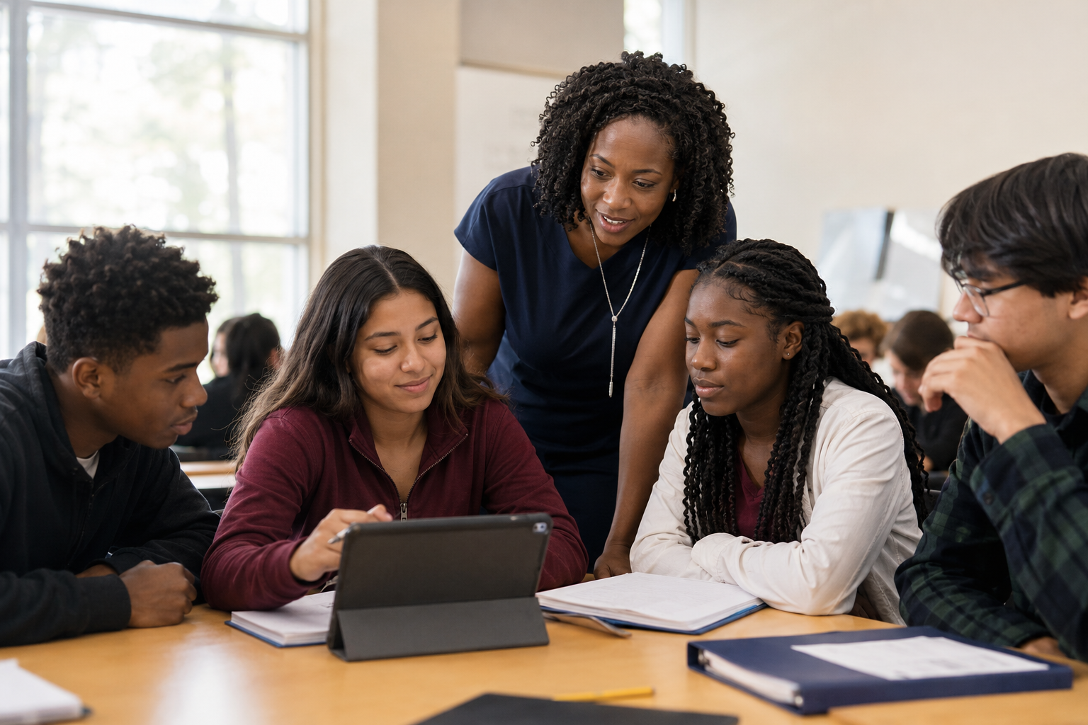 A diverse group of students collaborating with a supportive educator